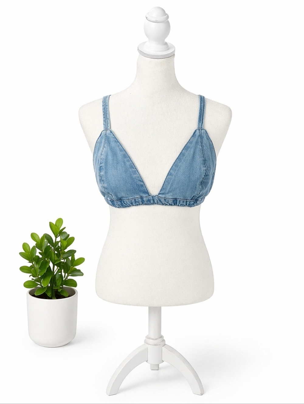 Denim Bralette Crop Top | Light Wash Triangle Bikini Style | Adjustable Straps - Picture 2 of 6